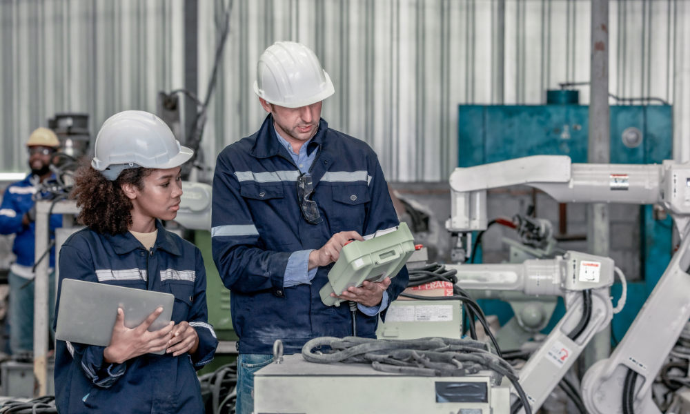 Two factory workers in hard hats and safety gear operate a control panel and discuss improvements in a manufacturing plant, showcasing the use of a Manufacturing Execution System.