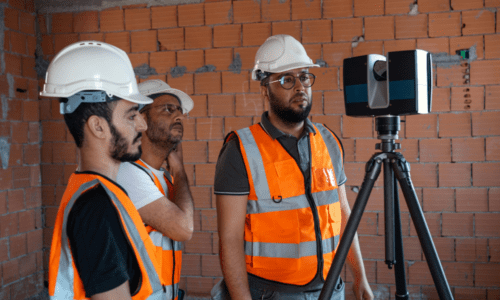 Three workers in a construction setting, wearing safety vests and helmets, inspecting equipment, illustrating the importance of compliance and traceability in manufacturing.