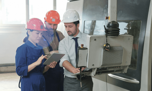 Three workers in a manufacturing facility, wearing safety helmets, discussing operations while one holds a tablet, illustrating the use of technology to gain a competitive advantage and increase efficiency.